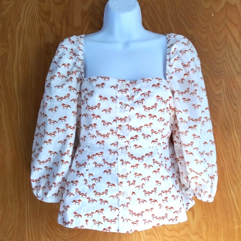 White Brown Horse Puff Sleeve Shirt